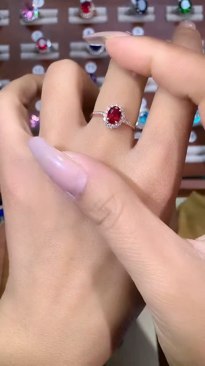 银S925镶嵌戒指红宝石57玫瑰金酒红