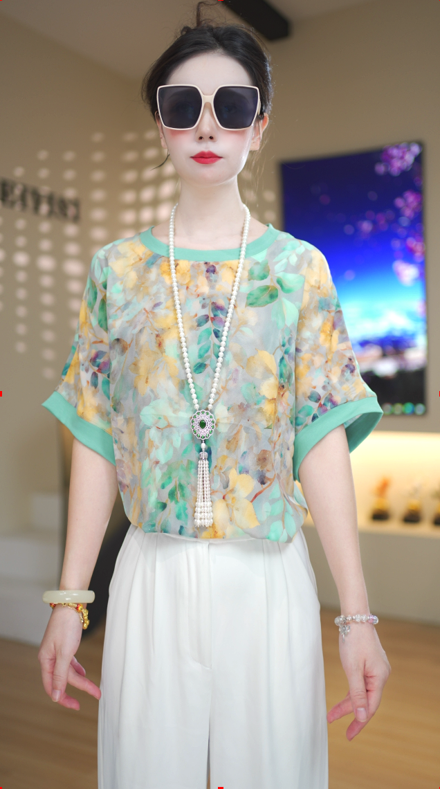 【花漾午后】复古黄绿印花短袖撞色圆领优雅宽松上衣