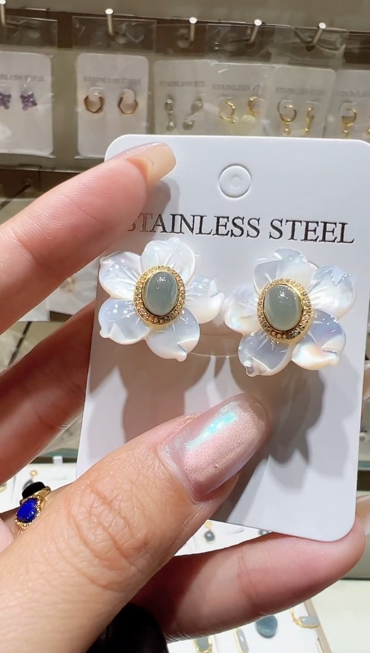 银S925镀金镶嵌翡翠耳饰@@