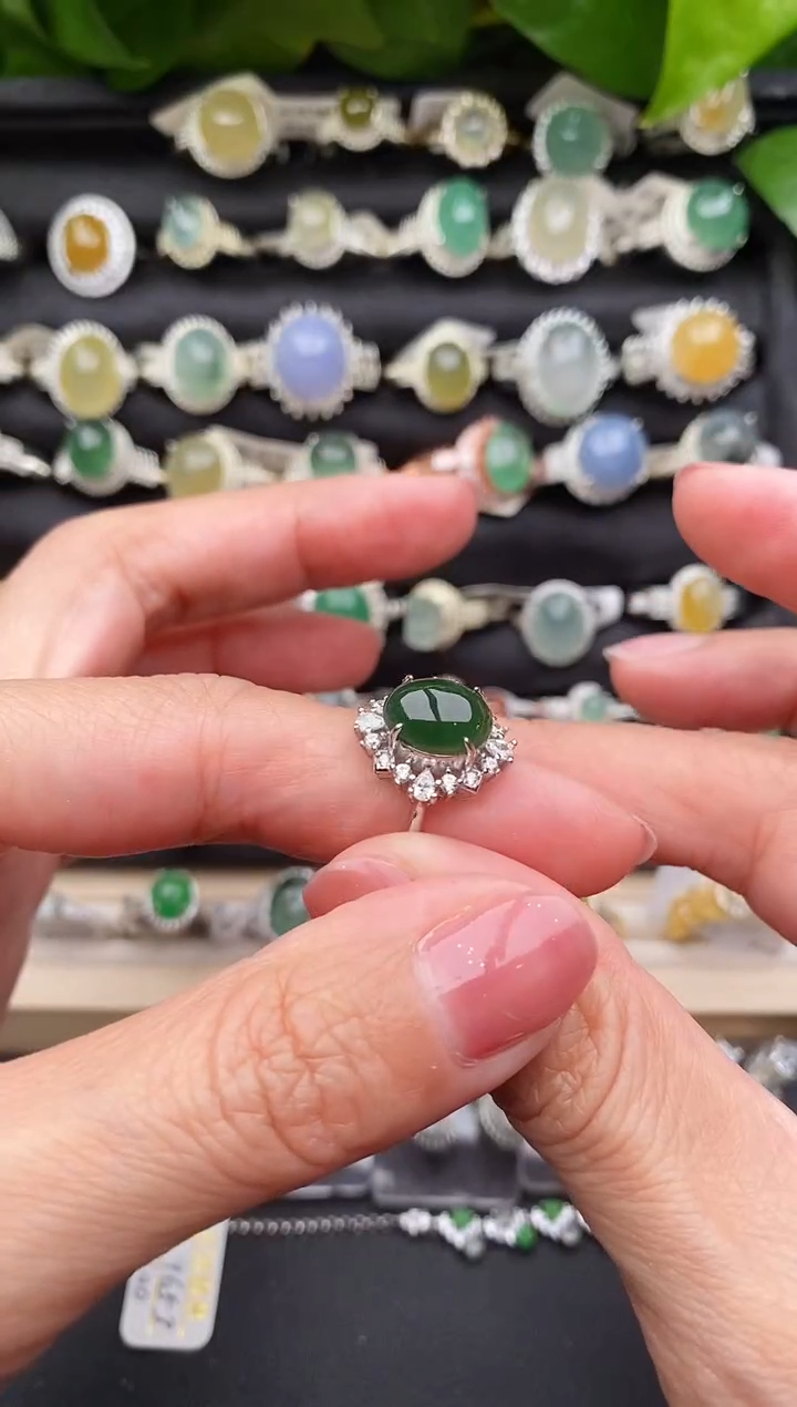 【闪购商品】翡翠戒指银S925镶嵌缅甸天然A货翡翠66  7-9