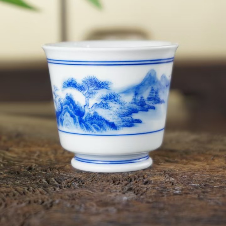 溪山堂仿宋式山水直口杯带字体纯手工手绘主人杯柴窑60cc客杯品茗