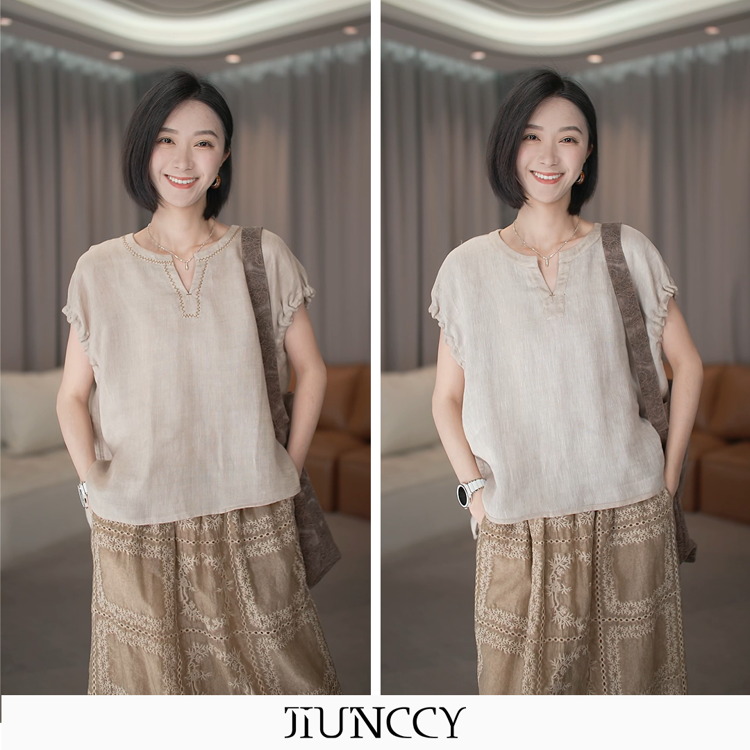 JIUNCCY【松弛感】全亚麻撞色绣花松紧抽褶袖里外两穿上衣 52YCY105