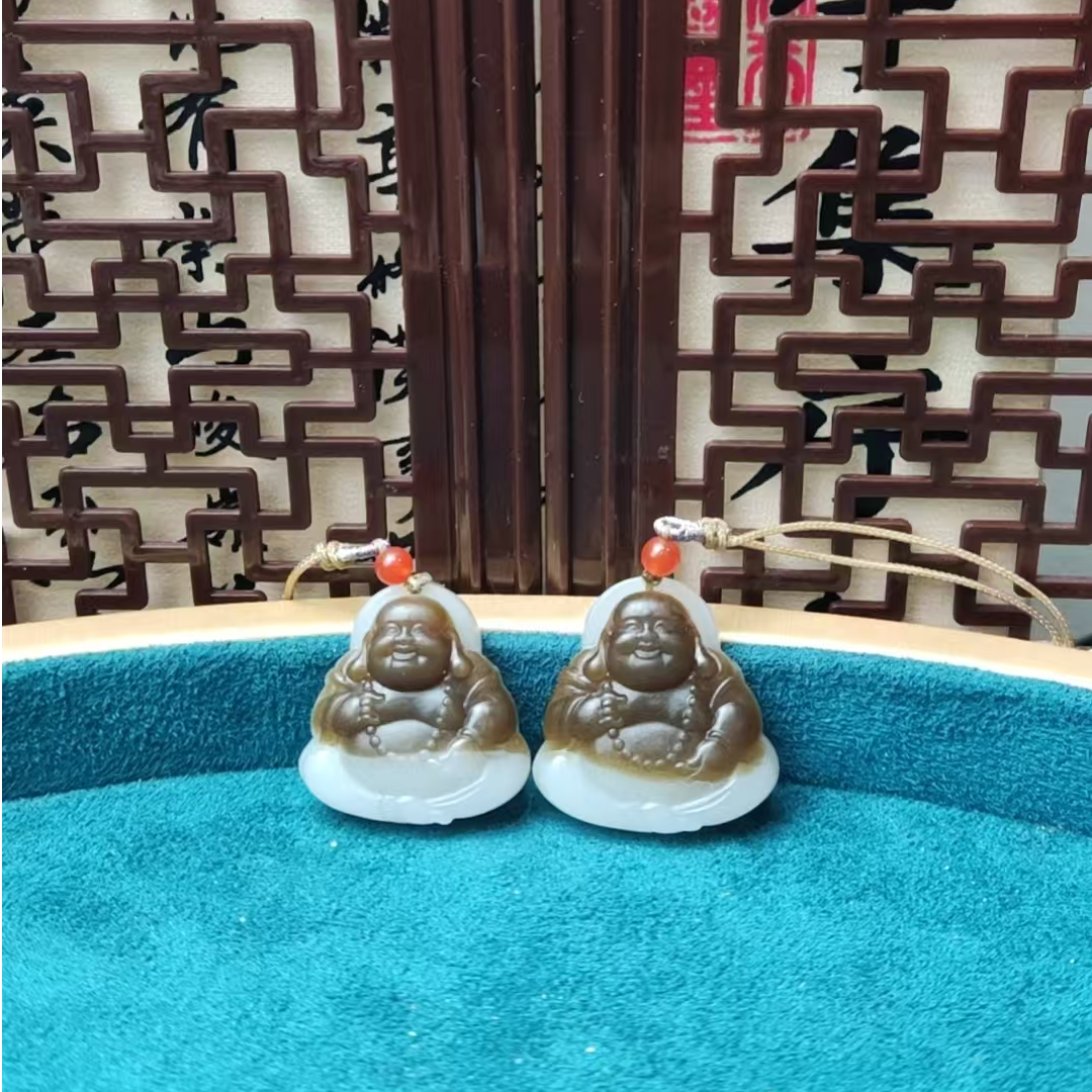 和田玉且末糖白佛公吊坠（一对）