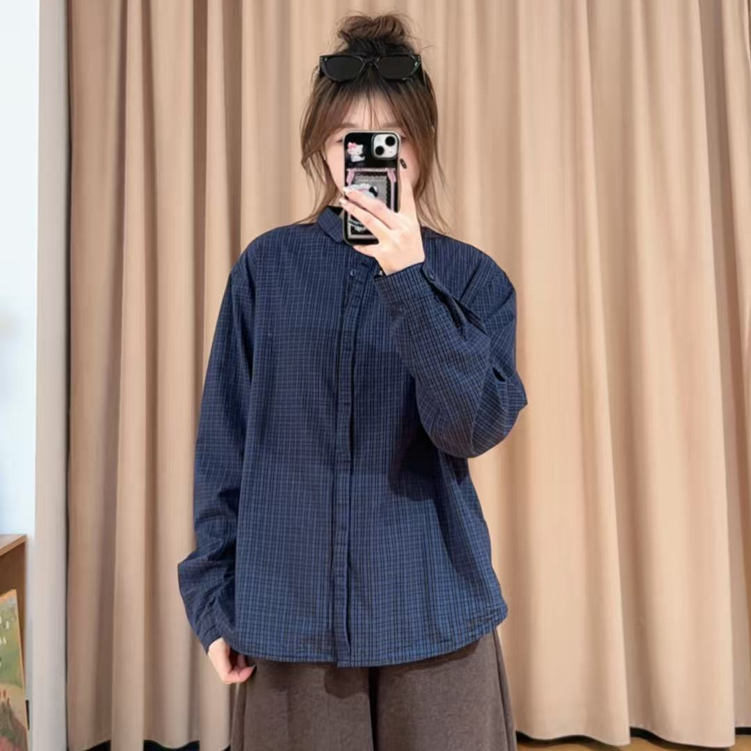 13663余小鱼 【格纹爱好者】藏青色小POLO领单排扣时尚长袖衬衫女装