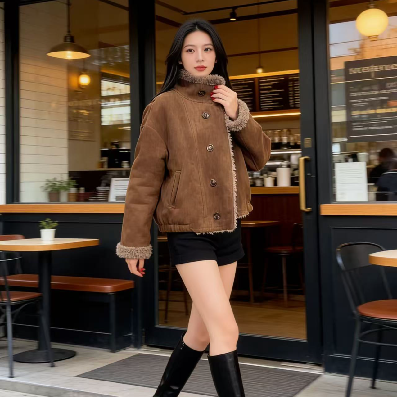 【可可暮】新款鹿皮绒双面双穿休闲百搭毛毛一体中长款外套XY29809