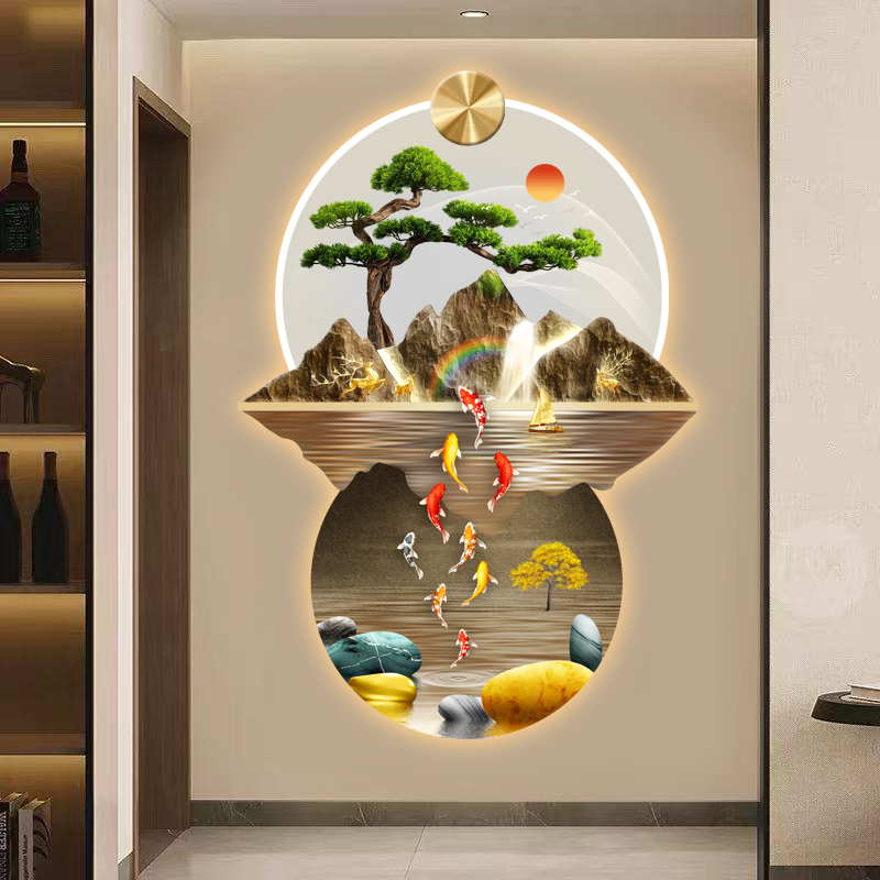 流水生财山水画九鱼入户门挂画新中式装饰画走廊过道高档立体壁画