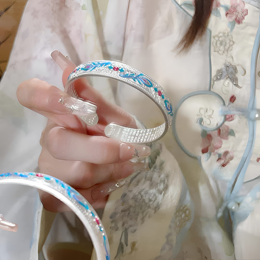 足银手镯 凤翎开口镯足银内心经珐琅彩凤翎羽毛蝴蝶兰民族风