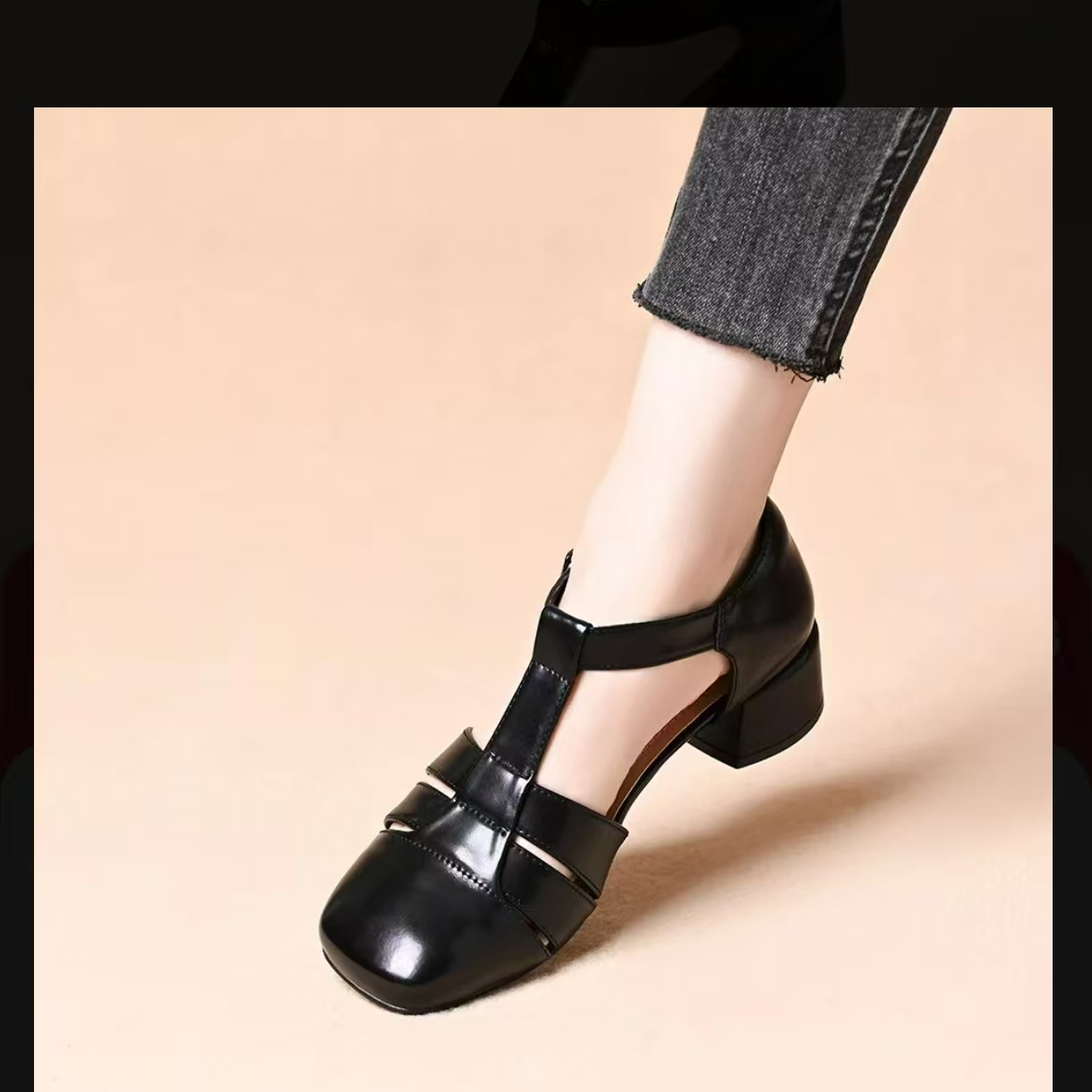 浅口一字带凉鞋妈妈凉鞋50-60岁镂空舒适高跟鞋粗跟