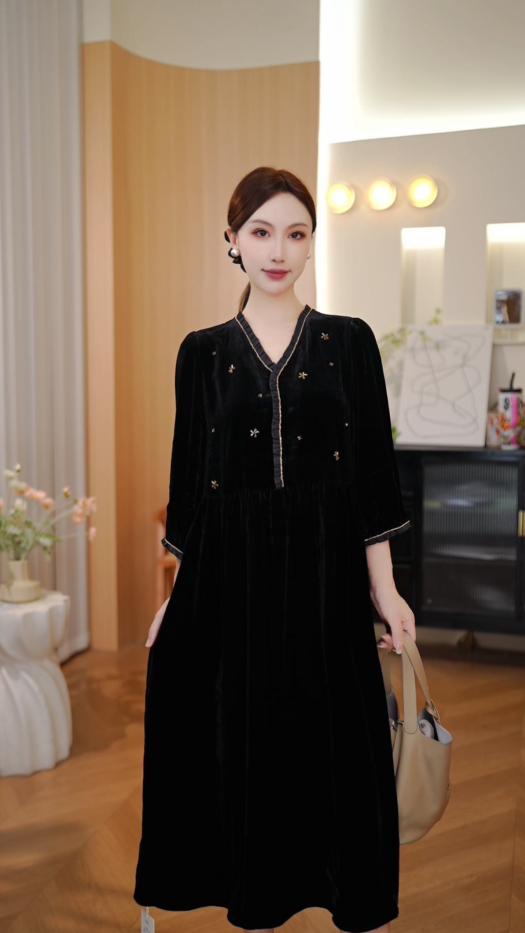 【DuShang】高级真丝丝绒连衣裙女CS