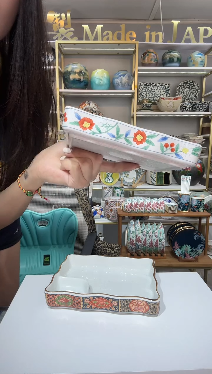 陶瓷口吾山窑古伊万里长方形寿司盘-银彩春华