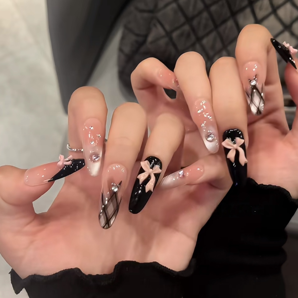 【公主菱格】黑色甜酷纯手工穿戴甲长款显白冰透猫眼美甲穿戴甲片