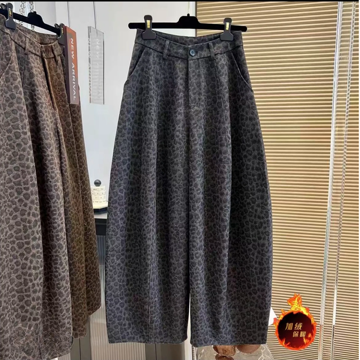 2025年新款小众豹纹高腰休闲裤宽松时髦弯刀裤女加绒冬季新款洋气