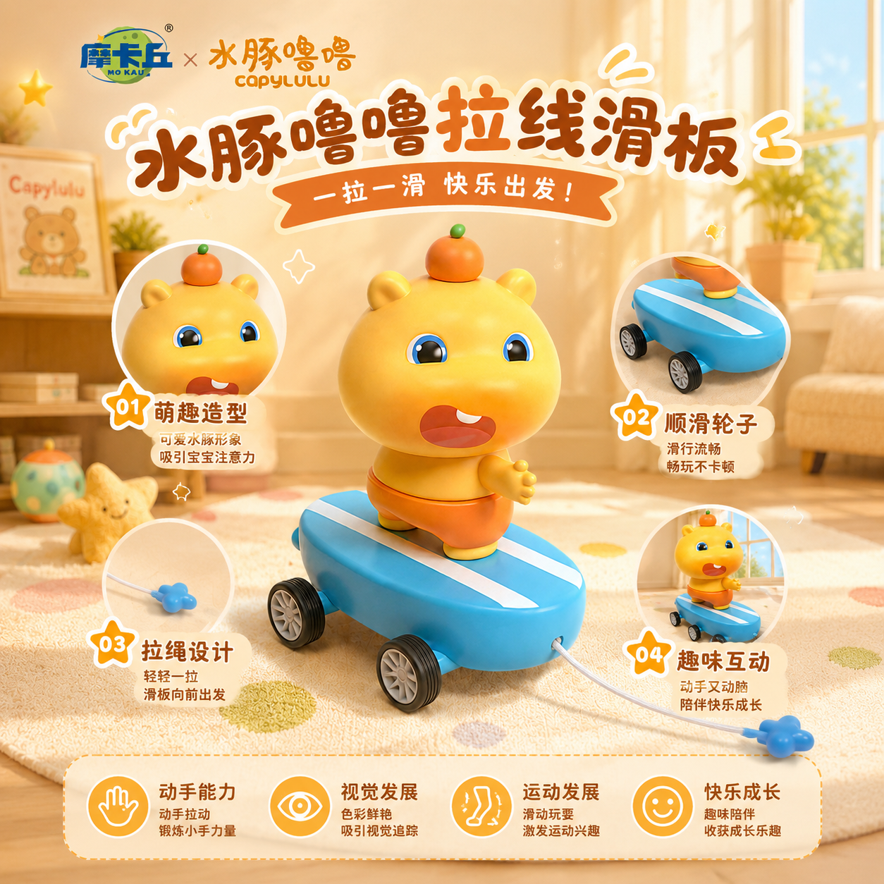 【正版授权】水豚噜噜发条滑板摆件萌搞怪创意潮玩水豚噜噜滑板摆件