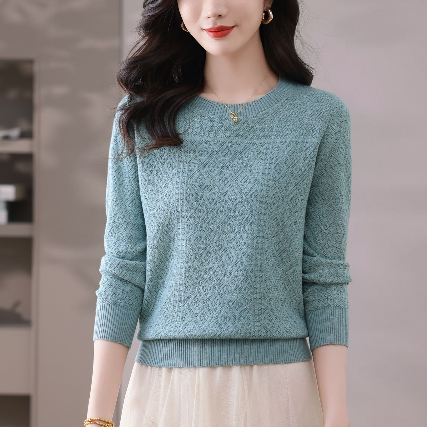 春秋季新款气质圆领套头针织衫春季百搭遮肚时尚打底衫遮肚上衣