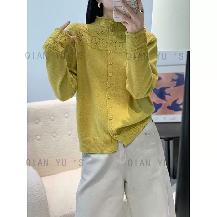 【Qian Yu‘s】半高领纯色单排扣冬季女时尚开衫针织衫毛衣608 