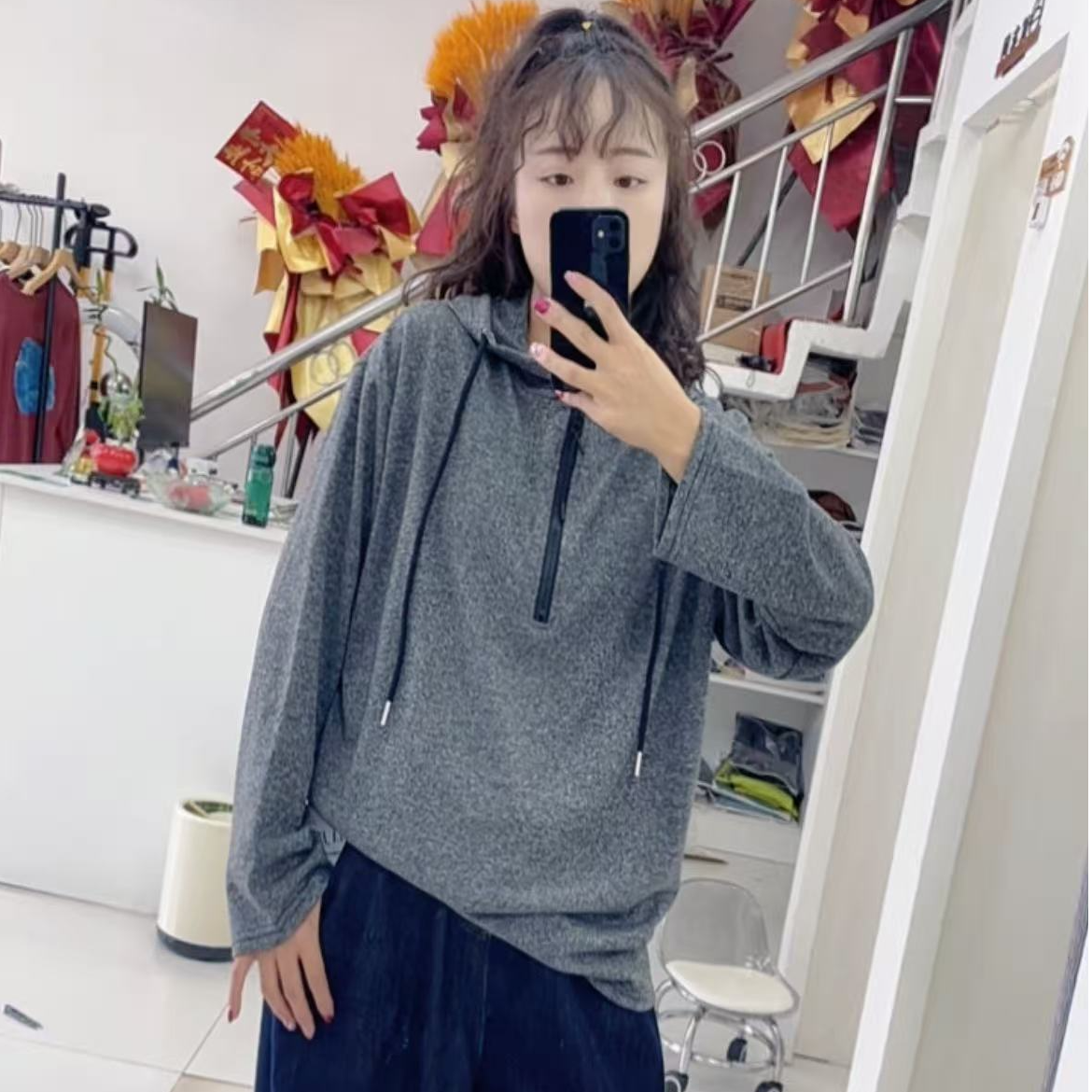 12669欧版拉链连帽弹力韩版打底衫-8923-1长袖宽松