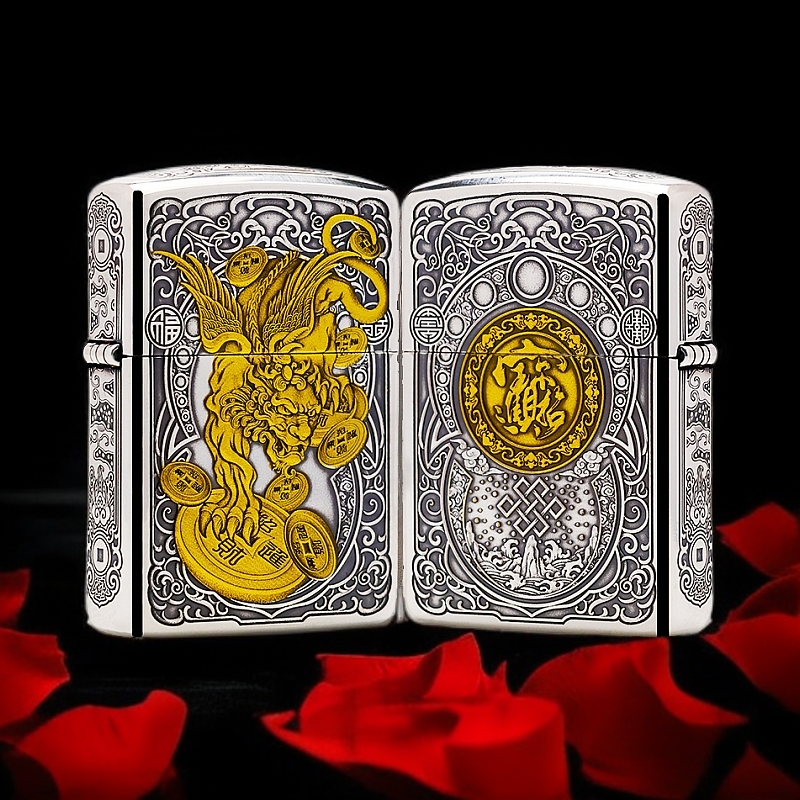 ZIPPO/之宝打火机镀银鎏金【3D貔貅】盔甲机原装正品煤油机DYJ1