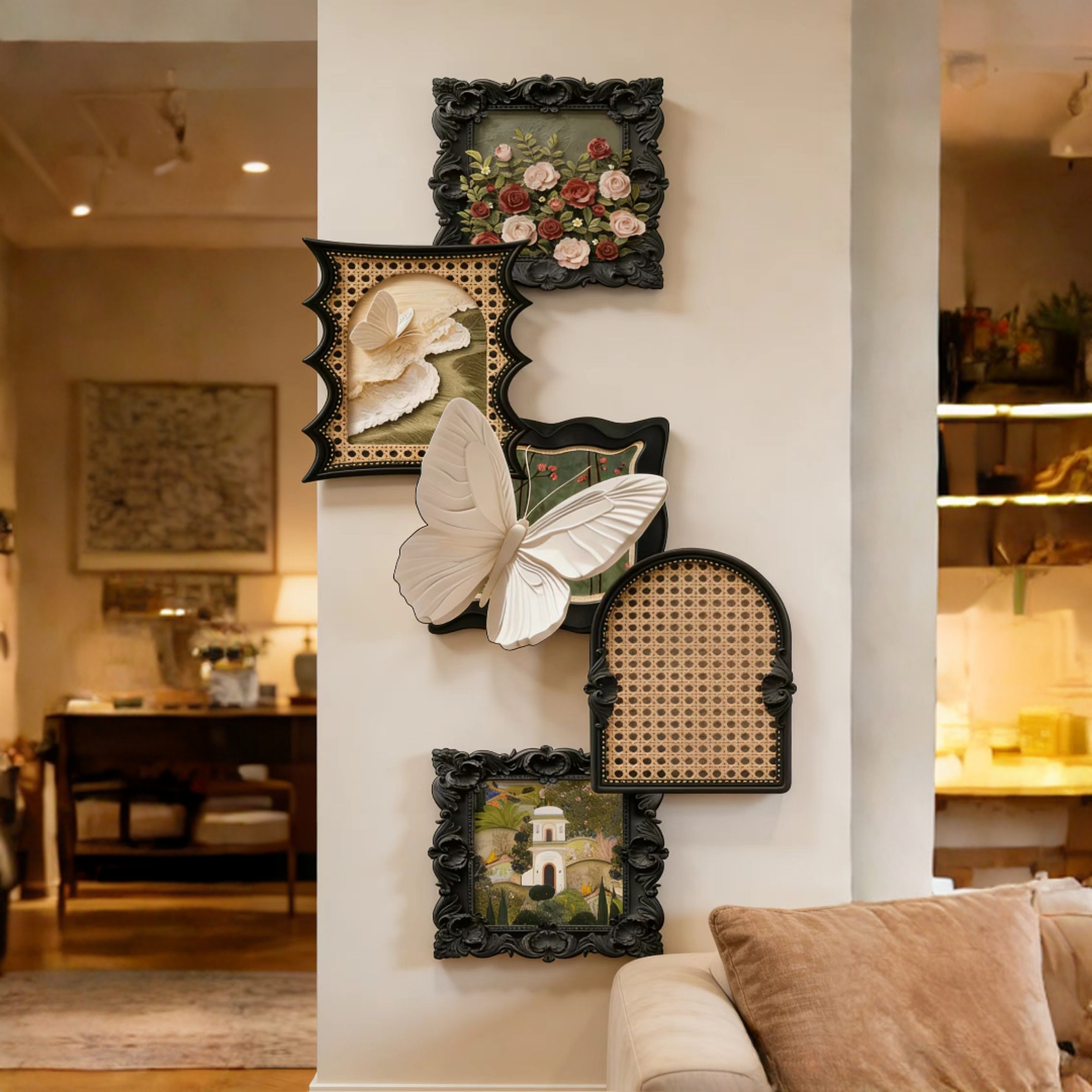 s020【源头厂家】法式中古风玫瑰蝴蝶客厅玄关装饰画高级感墙面壁画