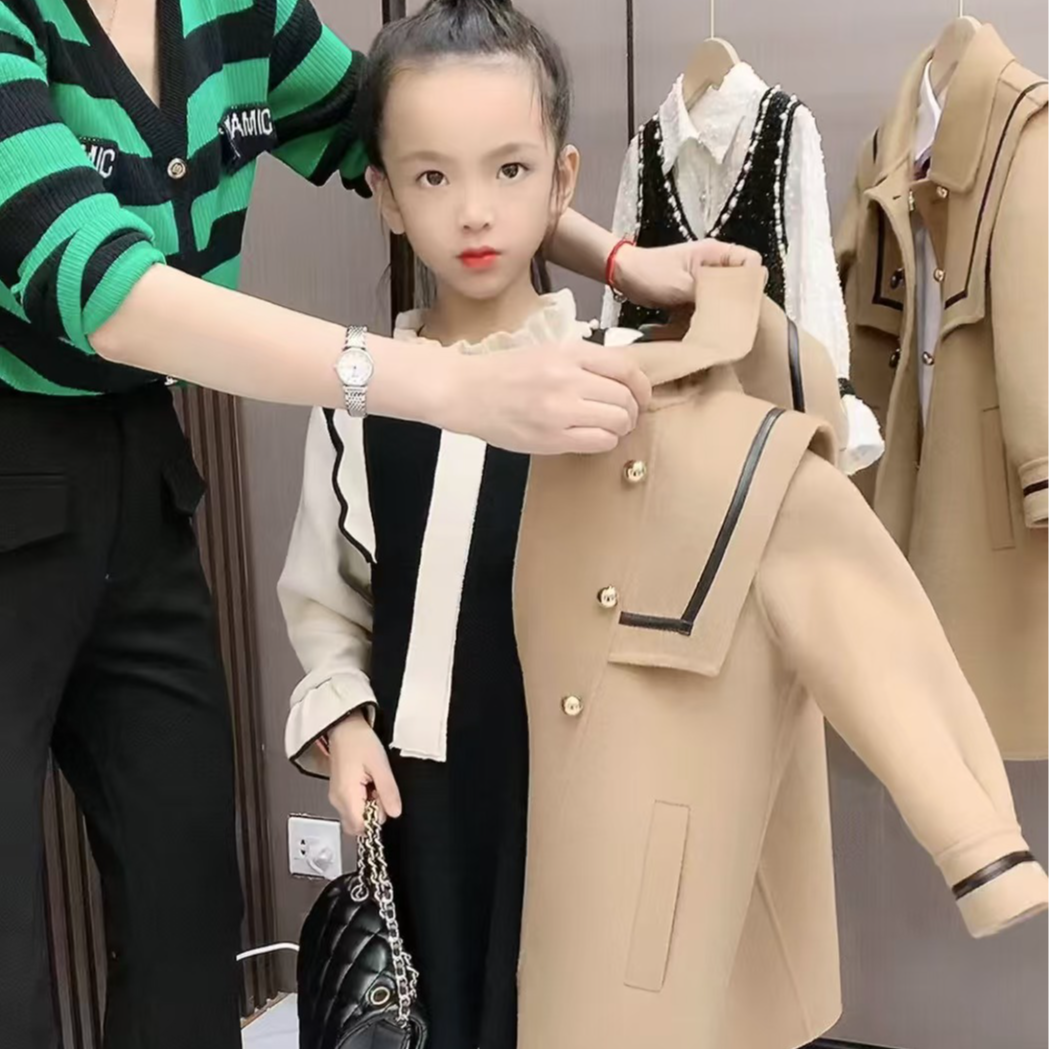 女童羊毛大衣2024秋冬新款海军风外套保暖长款大衣时髦小女孩衣服