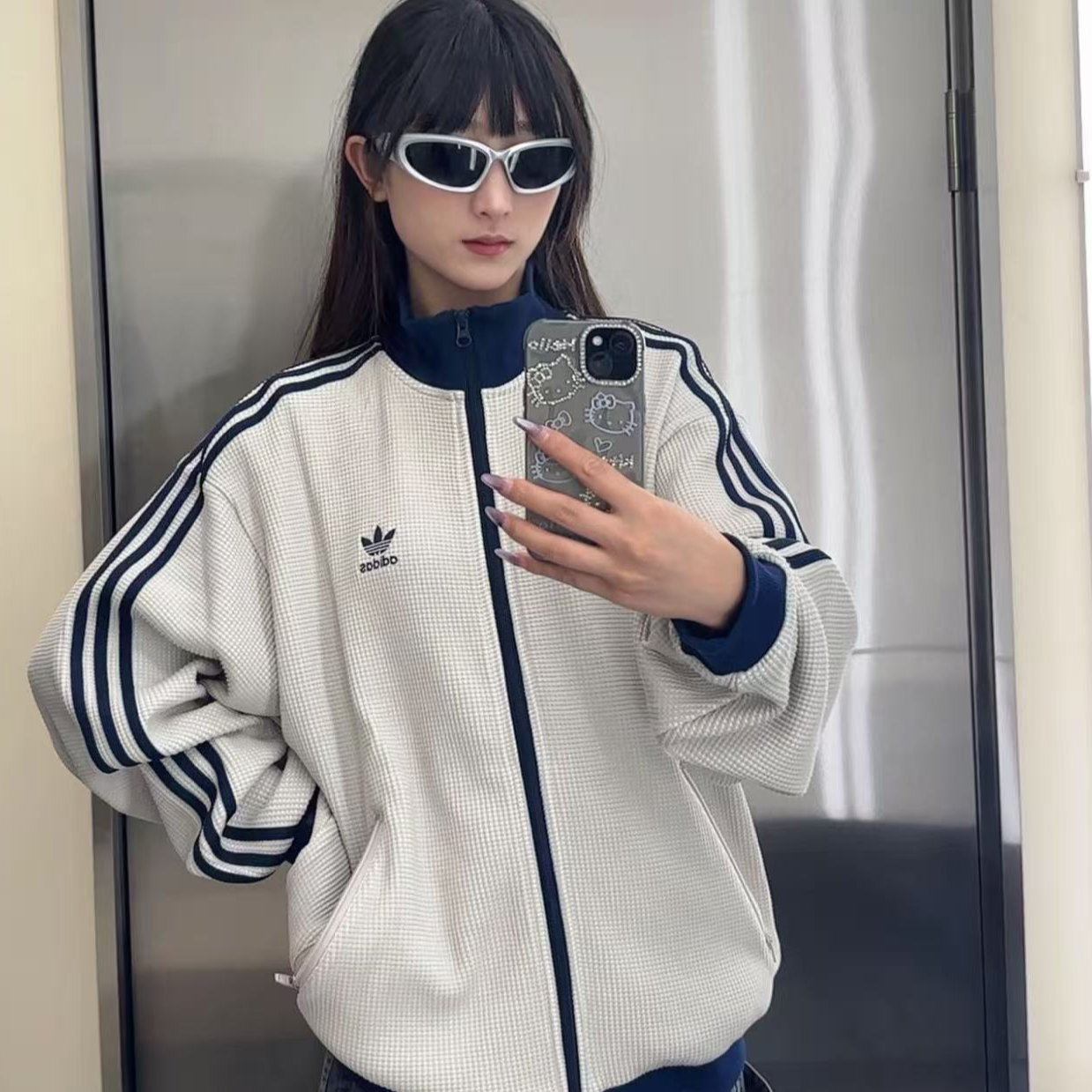 adidas阿迪达斯秋三叶草男针织华夫格立领运动宽松夹克外套KC2618