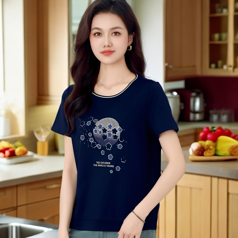 2025初夏新款2522月光梅花贴布绣时尚休闲百搭文艺女装圆领半袖