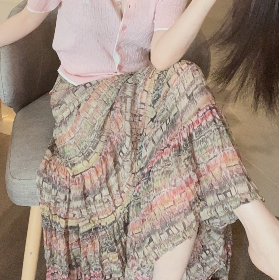 悦悦专属【水彩未干的油画】时尚复古优雅百搭格纹半身纱裙Y124