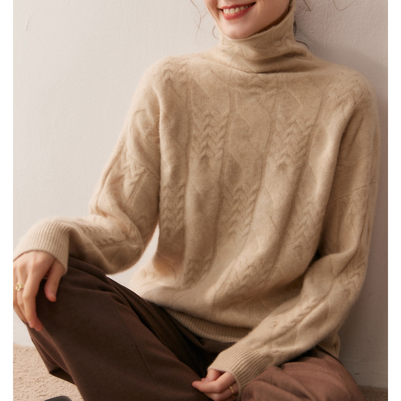 380克羊绒加厚重工绞花时尚堆堆领羊绒保暖百搭打底衫DMC-D758