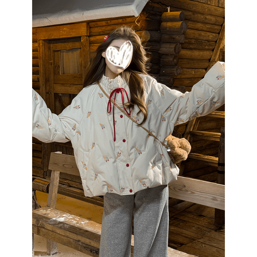 【冰淇淋系列】甜美风印花短款棉服外套女冬季新款设计感加厚面包服