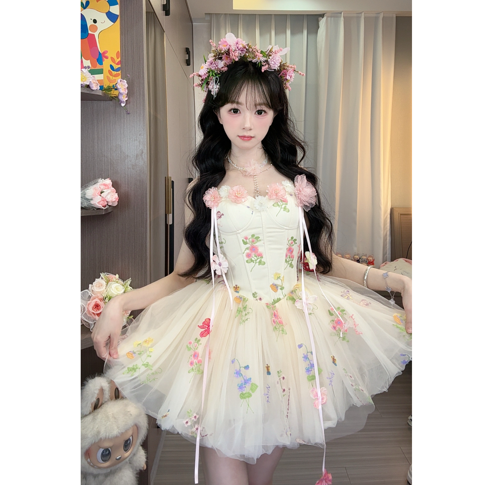 【运补6-8】【琉璃花梦】新款甜美温柔风吊带碎花纱纱女款连衣裙+胸针