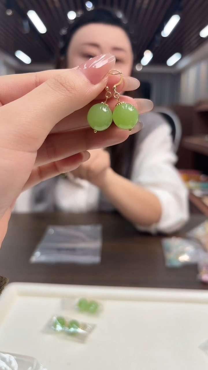 14K金镶嵌和田玉耳饰DIY款E113