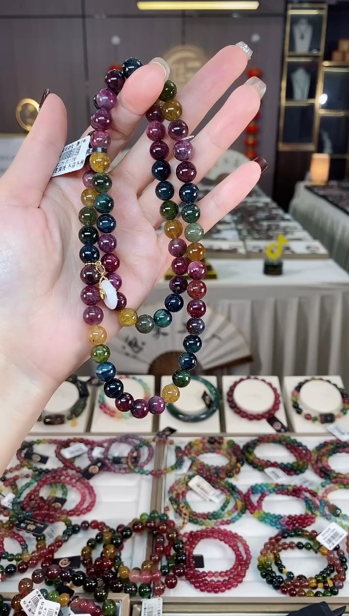 未镶嵌老矿碧玺彩虹三圈手串8mm+碧玺dan多样性发货一条