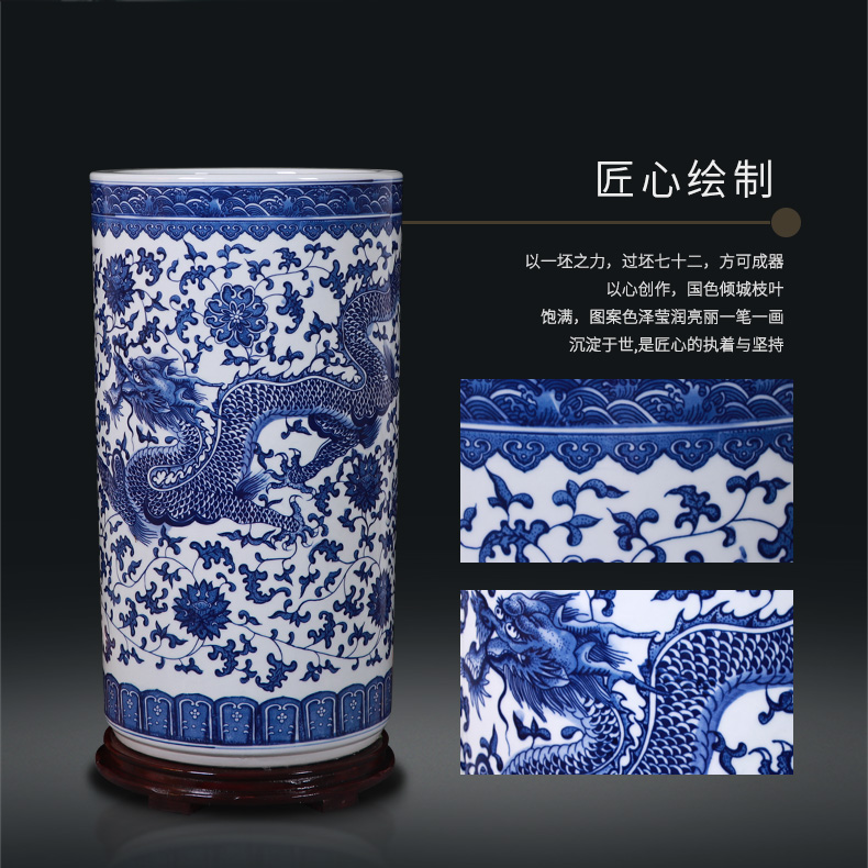 景德镇陶瓷书画缸卷轴缸青花瓷大花瓶字画筒书房客厅落地家居摆件