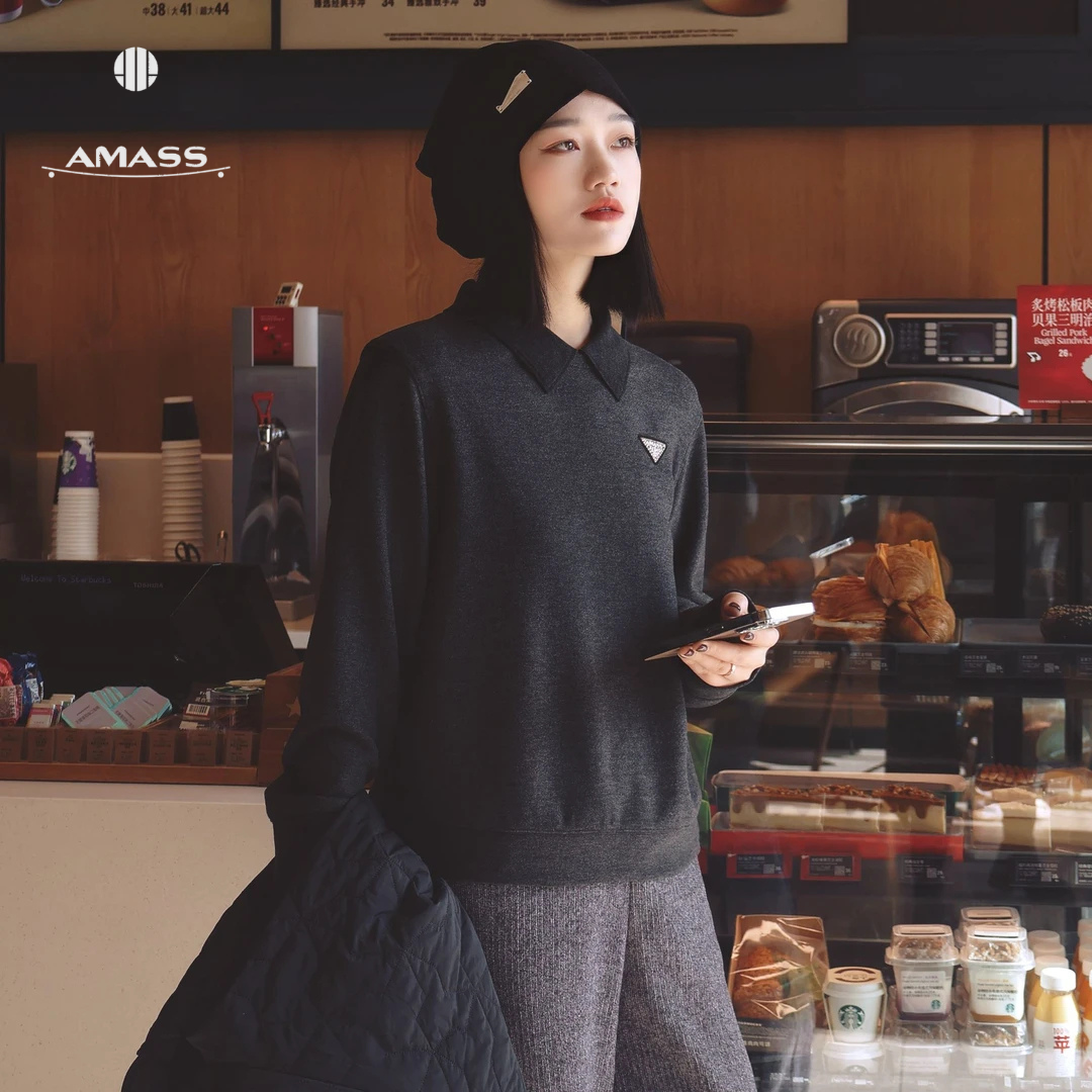 AMASS/阿玛施新款秋冬松弛感磨毛钻石绒发热百搭翻领卫衣女530113