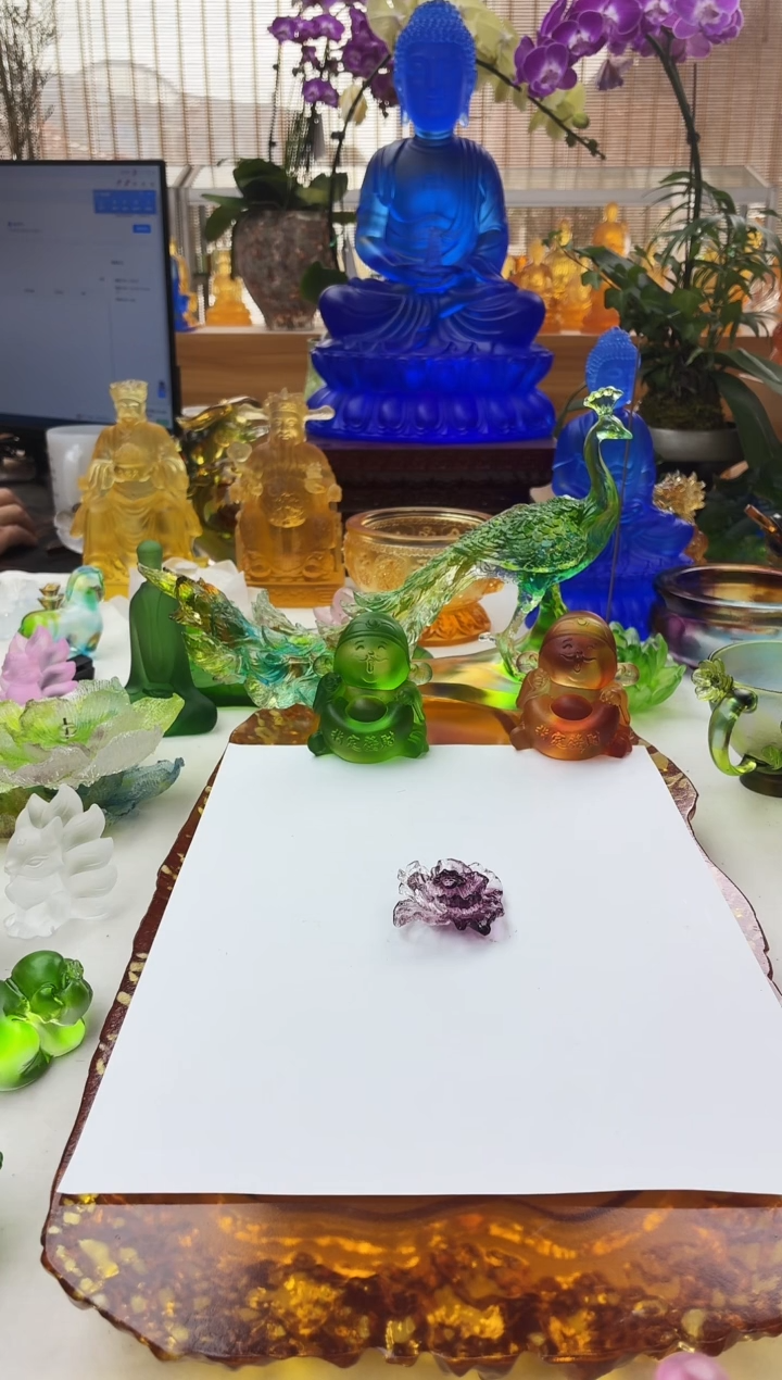 手工艺品琉璃牡丹花茶宠紫色4公分