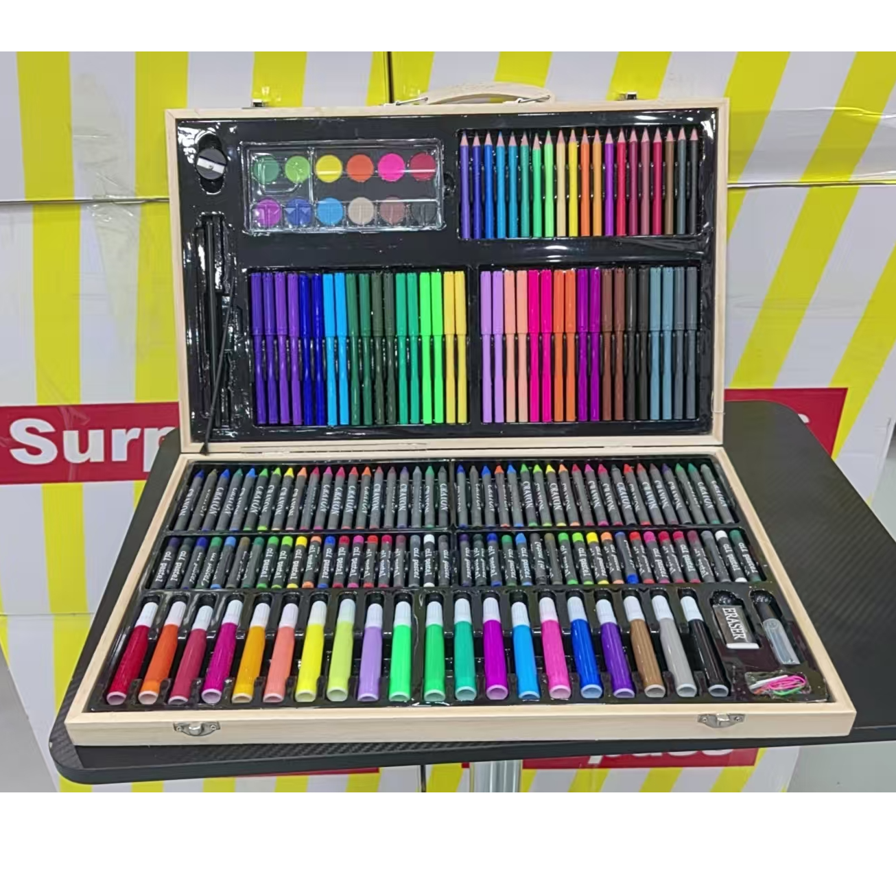 180件木盒画笔套装儿童礼盒培训礼品毕业礼物水彩笔蜡笔