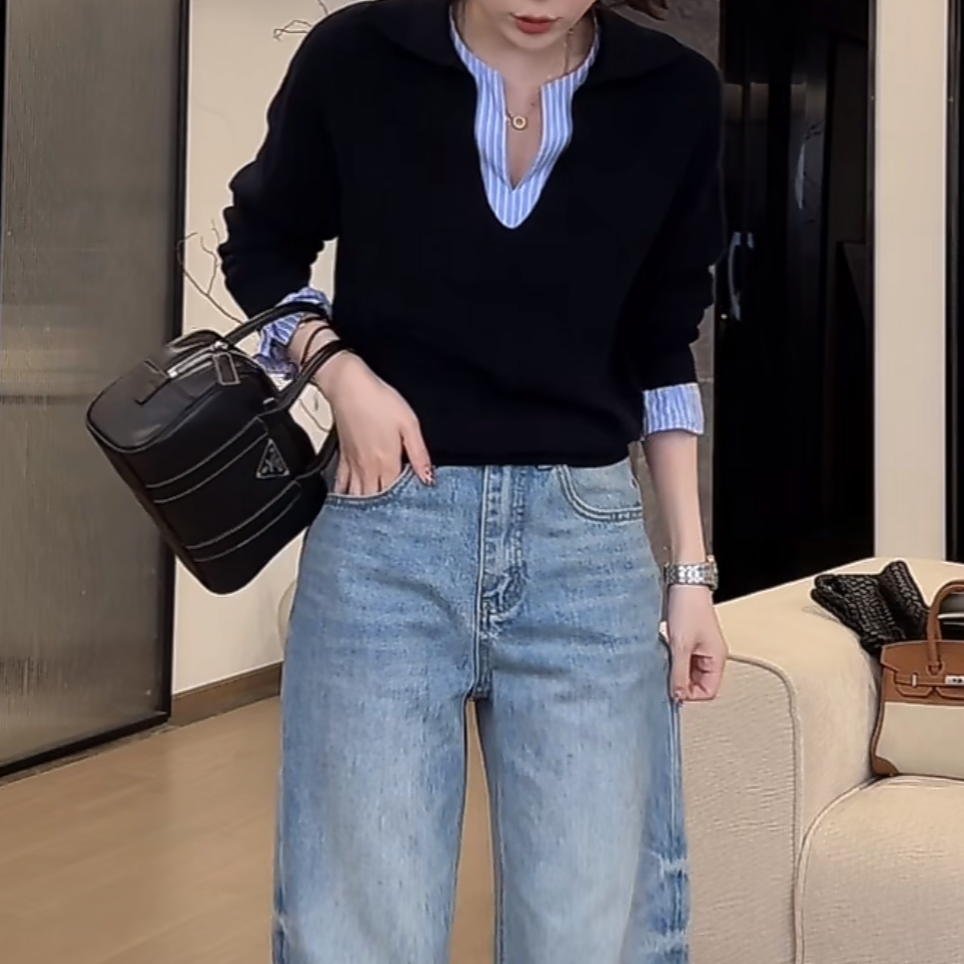 【珊珊专属】假两件撞色拼接条纹针织衫女2025新款早春上衣12514