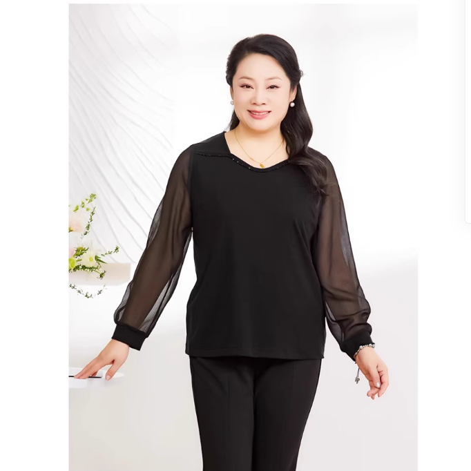 胖太太大码女装春秋新款黑色小V领长袖薄款打底针织衫潮825212910