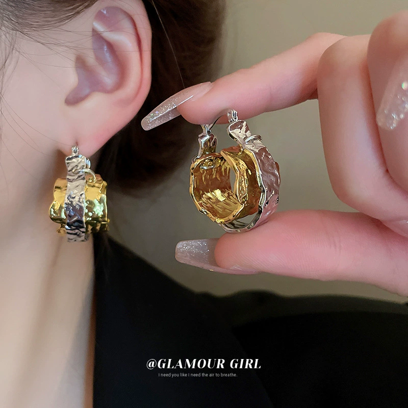 AIYO 个性撞色褶皱金属感圆圈双层耳扣耳环欧美时尚