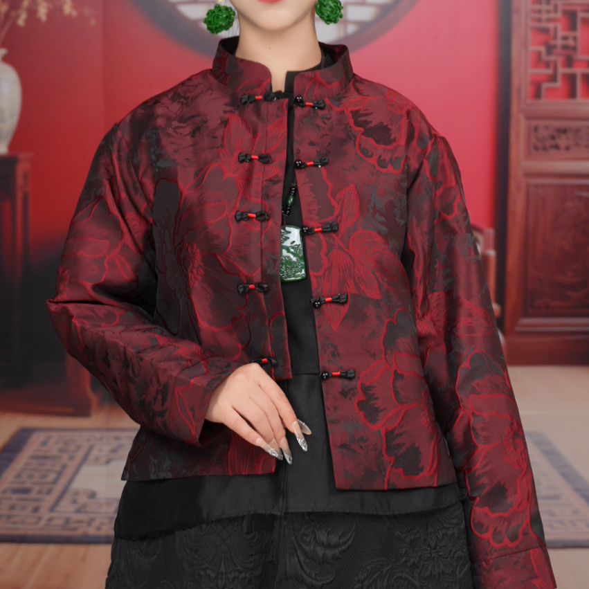 L25-WZ008【咏梅】秋季新款新中式立领长袖短外套织花油画设计师