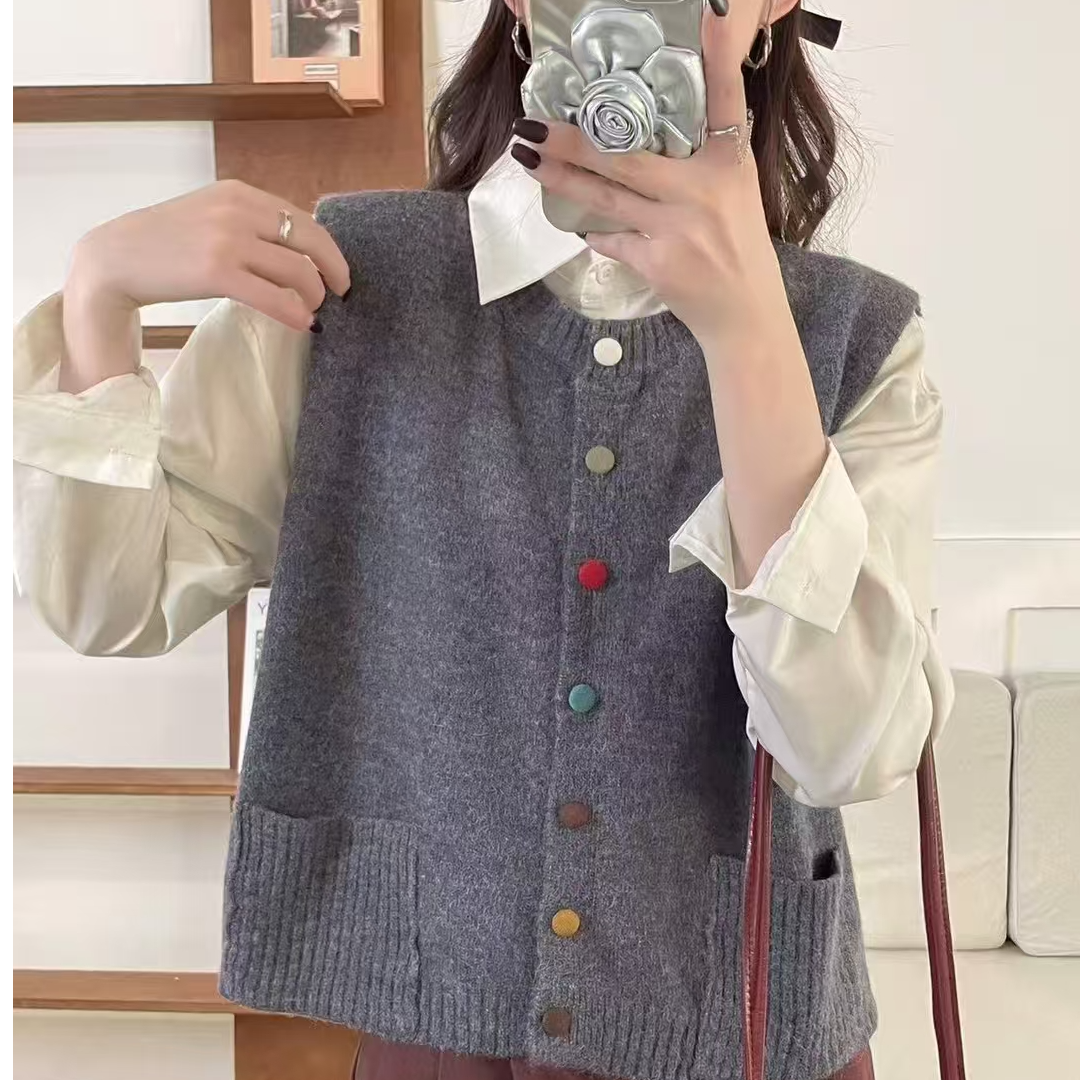 针织马甲背心女款2025新款宽松短款减龄叠穿无袖毛衣开衫马夹女