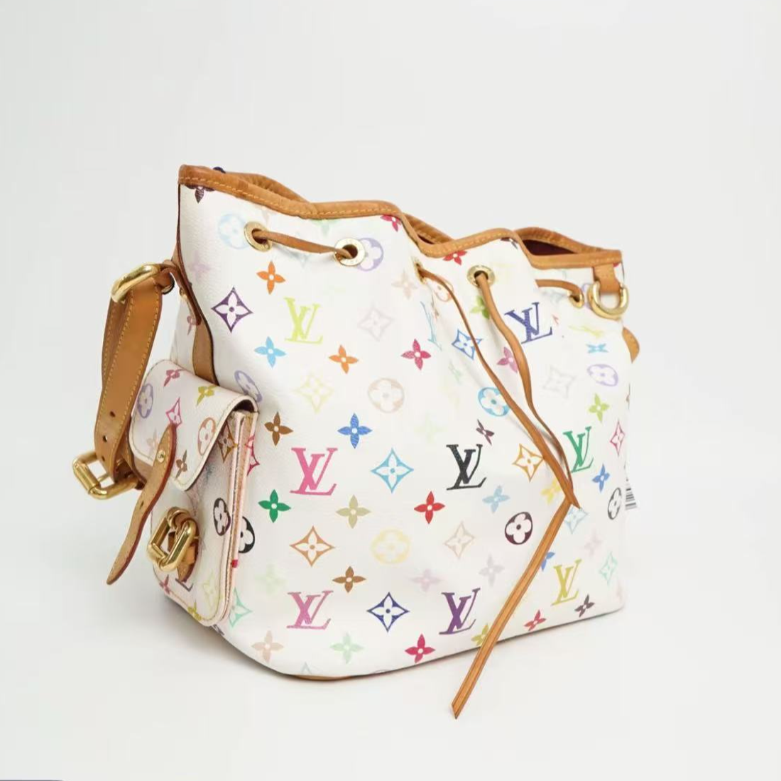95新 LouisVuitton/路易威登 白三彩抽绳水桶包