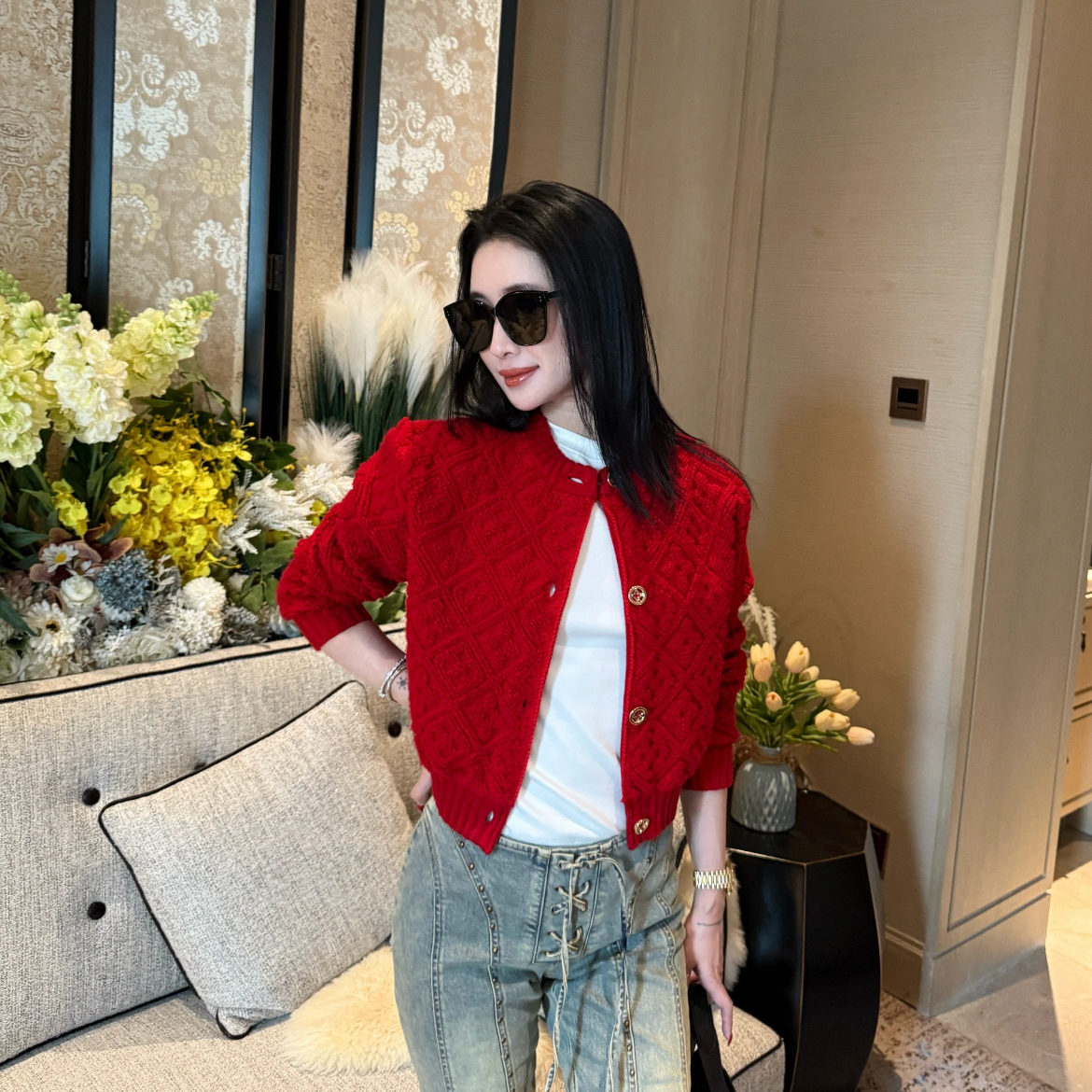 未使用 LouisVuitton/路易威登  25 浮雕针织开衫外套 红色/XS