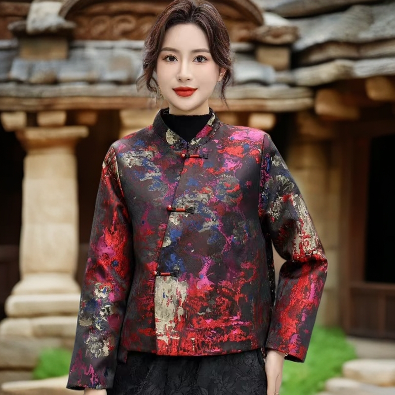 新中式国风斜门襟水墨画花海加棉加厚立领超好看显高显瘦复古外套