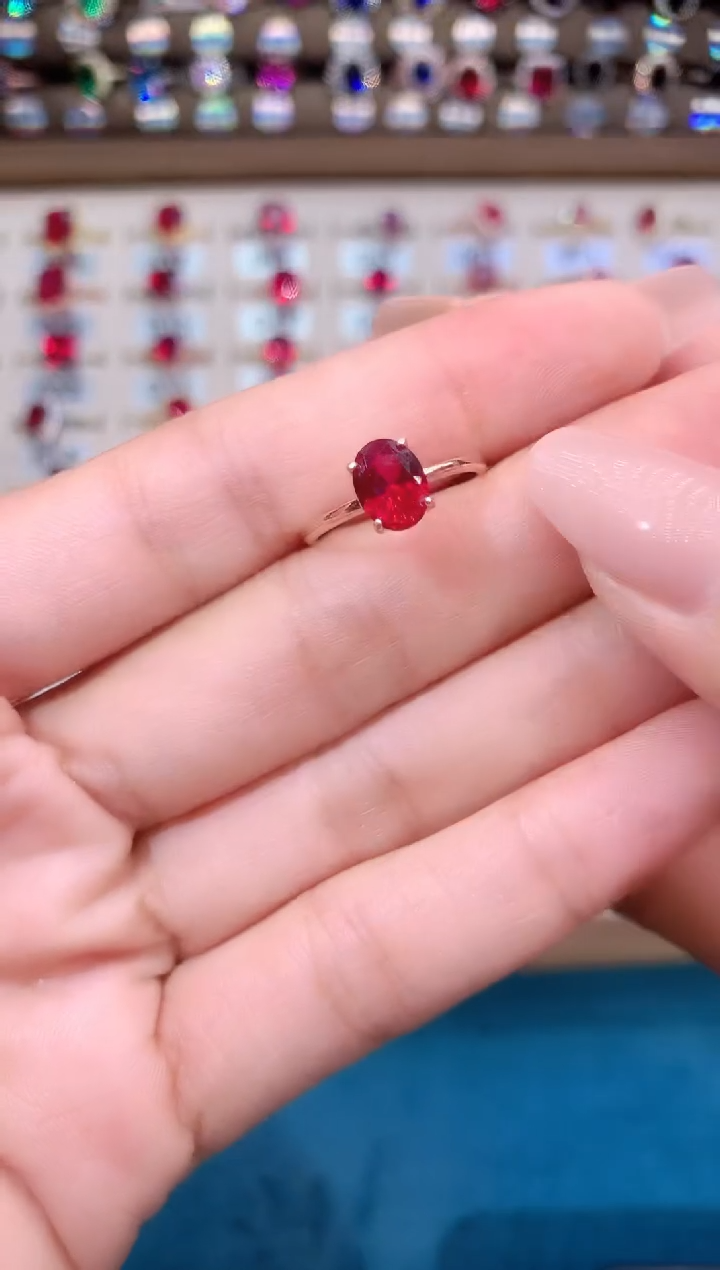 红宝石戒指银S925镶嵌玫瑰金酒红68