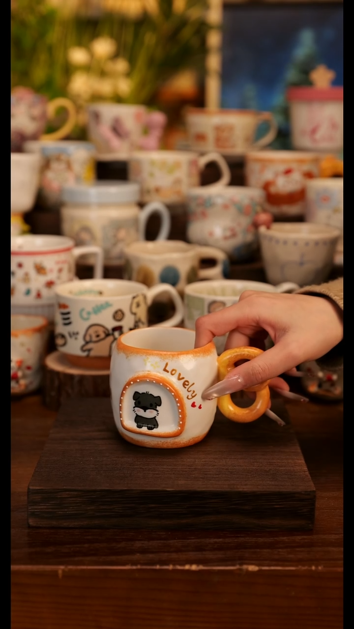 陶瓷手柄款景德镇手作杯   雪纳瑞   手绘釉下彩