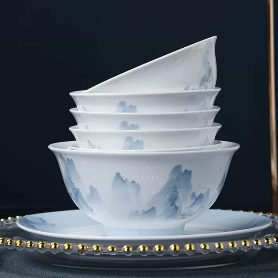 景德镇高温高白泥水墨江山碟盘碗餐具耐用实用好洗防烫细腻不挂油