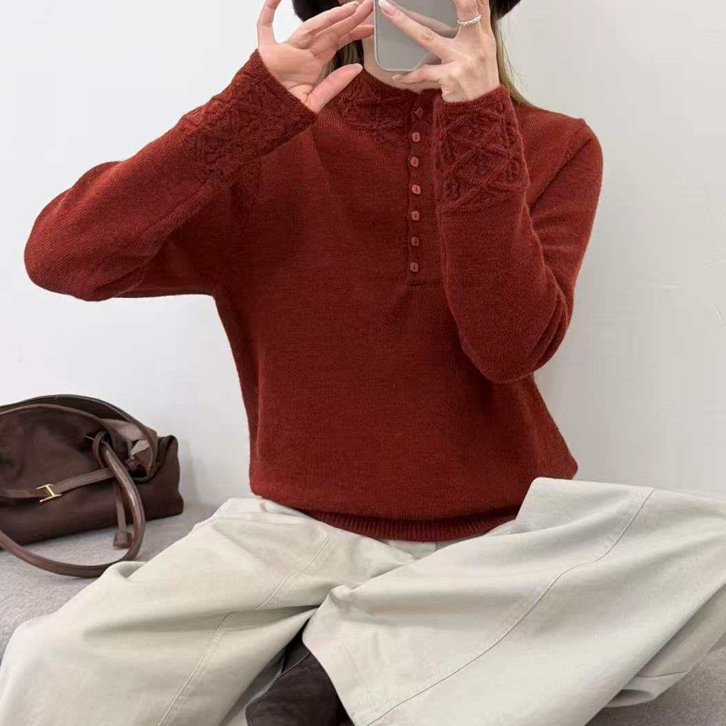 906#新款套头勾花长袖时尚减龄百搭上衣针织衫