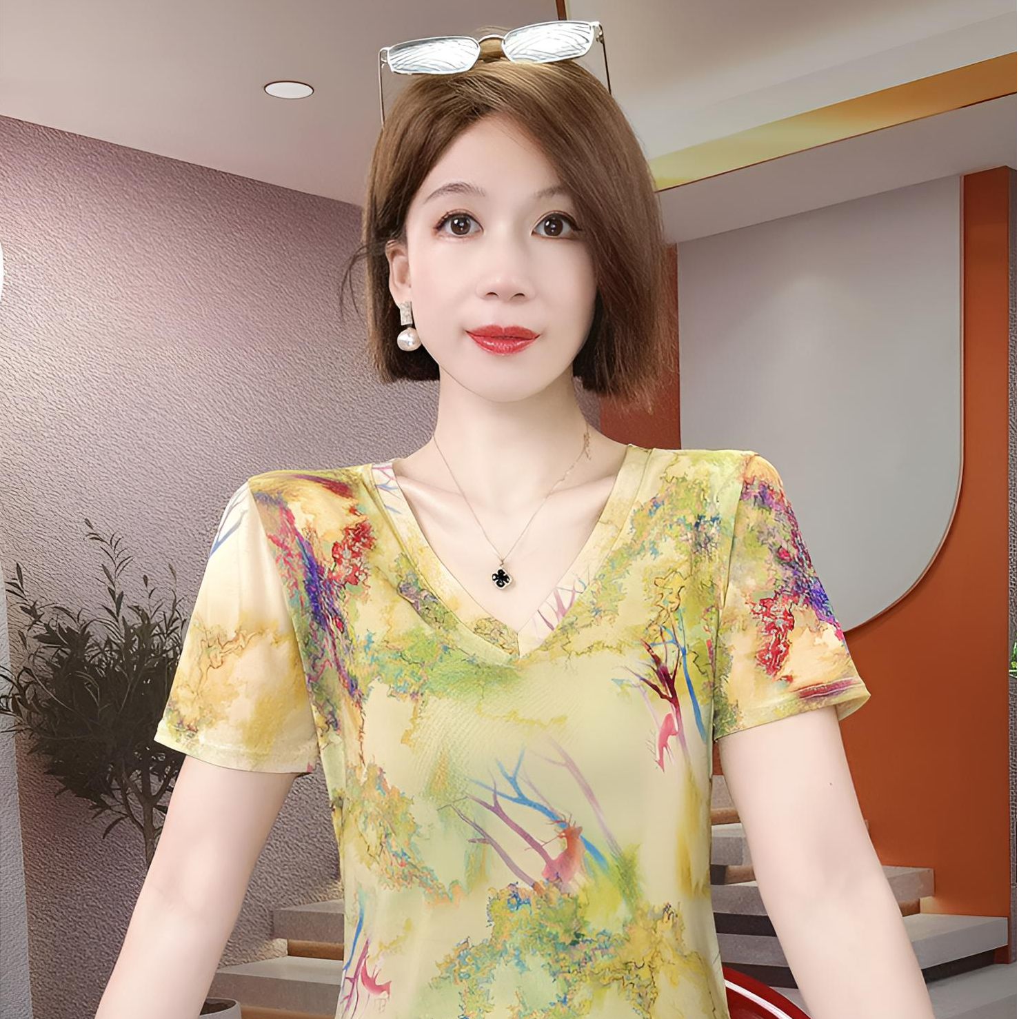 睿萌女装2025夏季新款V领短袖网纱弹力修身t恤正版洋气上衣打底女