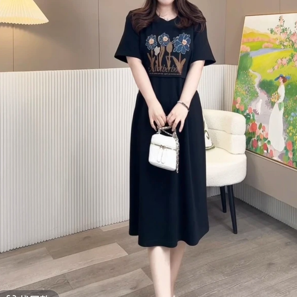 加大300斤大码女装宽松时尚百搭显瘦春夏季连衣裙短袖圆领T恤裙子