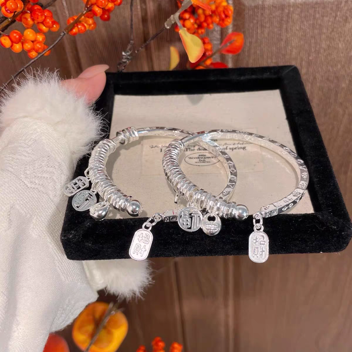 非金属珐琅手镯 999.9银平安招财盘缠手镯